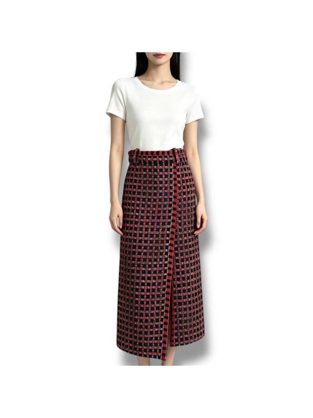 Chanel Knit Long Skirt Plaid Pattern Black Red 38